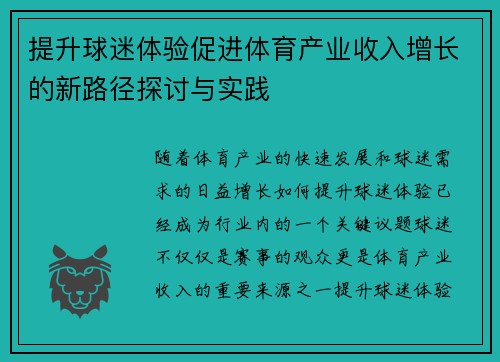 提升球迷体验促进体育产业收入增长的新路径探讨与实践