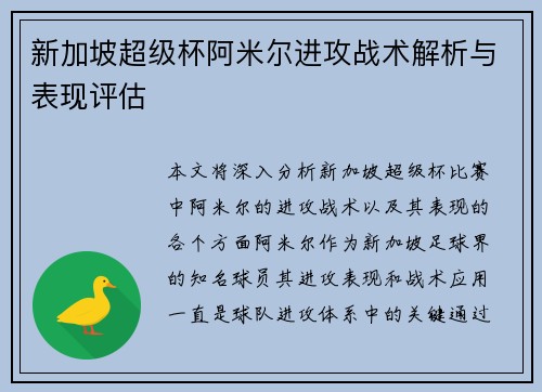 新加坡超级杯阿米尔进攻战术解析与表现评估