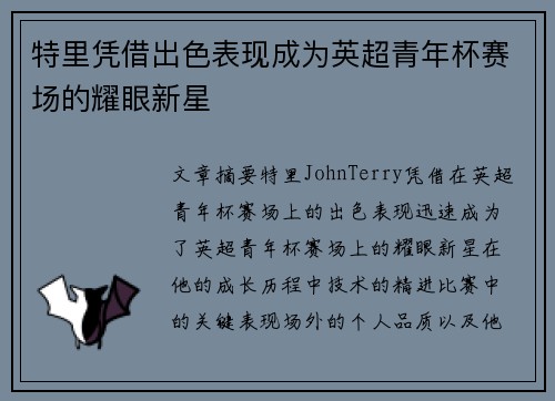 特里凭借出色表现成为英超青年杯赛场的耀眼新星