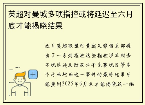英超对曼城多项指控或将延迟至六月底才能揭晓结果