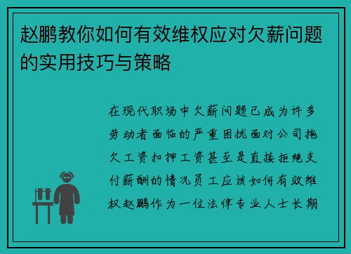 赵鹏教你如何有效维权应对欠薪问题的实用技巧与策略